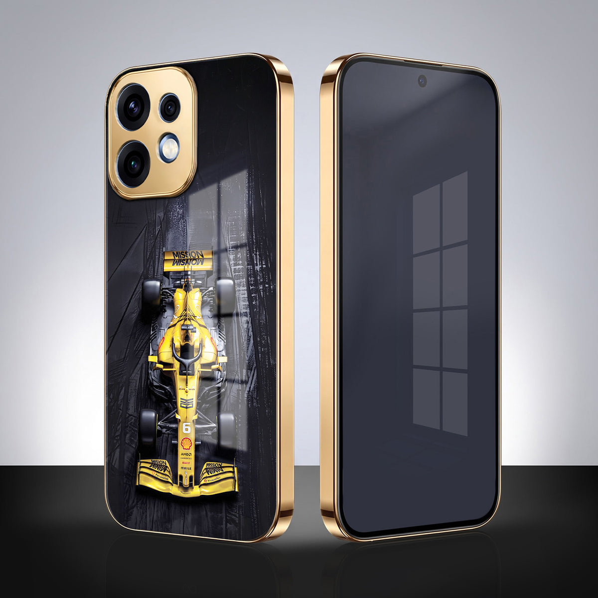 Oppo Reno 16 5G F1 Racing Car Gold Electroplated Glass Phone Back Case