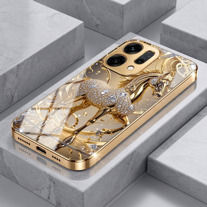 Oppo Reno 14 5G Luxury Horse Texture Gold Electroplated Glass Phone Back Case