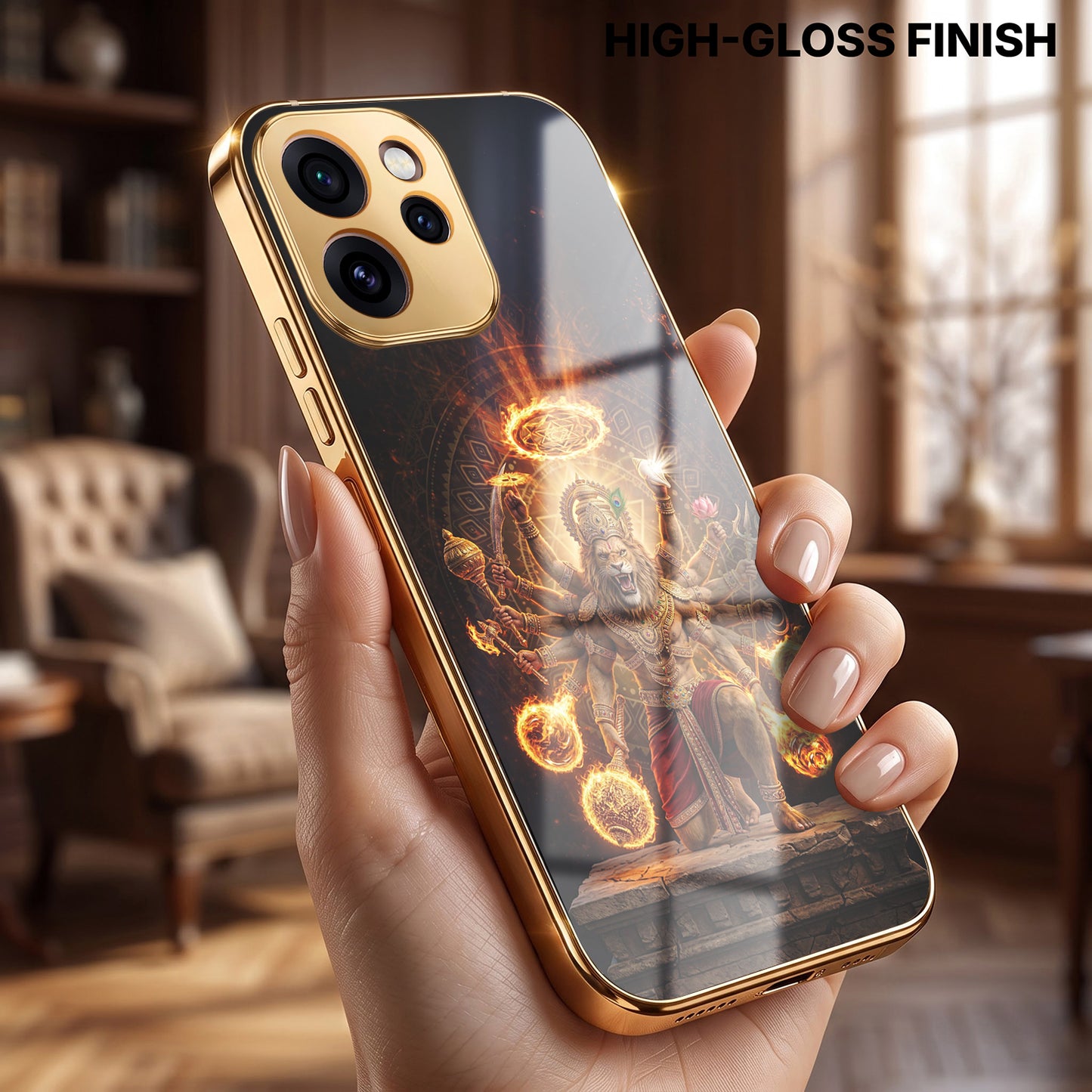 Oppo Reno 15 Pro Mini 5G Lord Narasimha Gold Electroplated Glass Phone Back Case