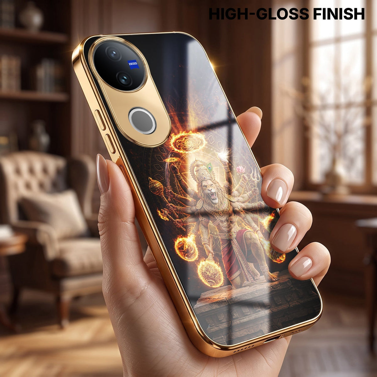 Vivo T4R 5G Lord Narasimha Gold Electroplated Glass Phone Back Case