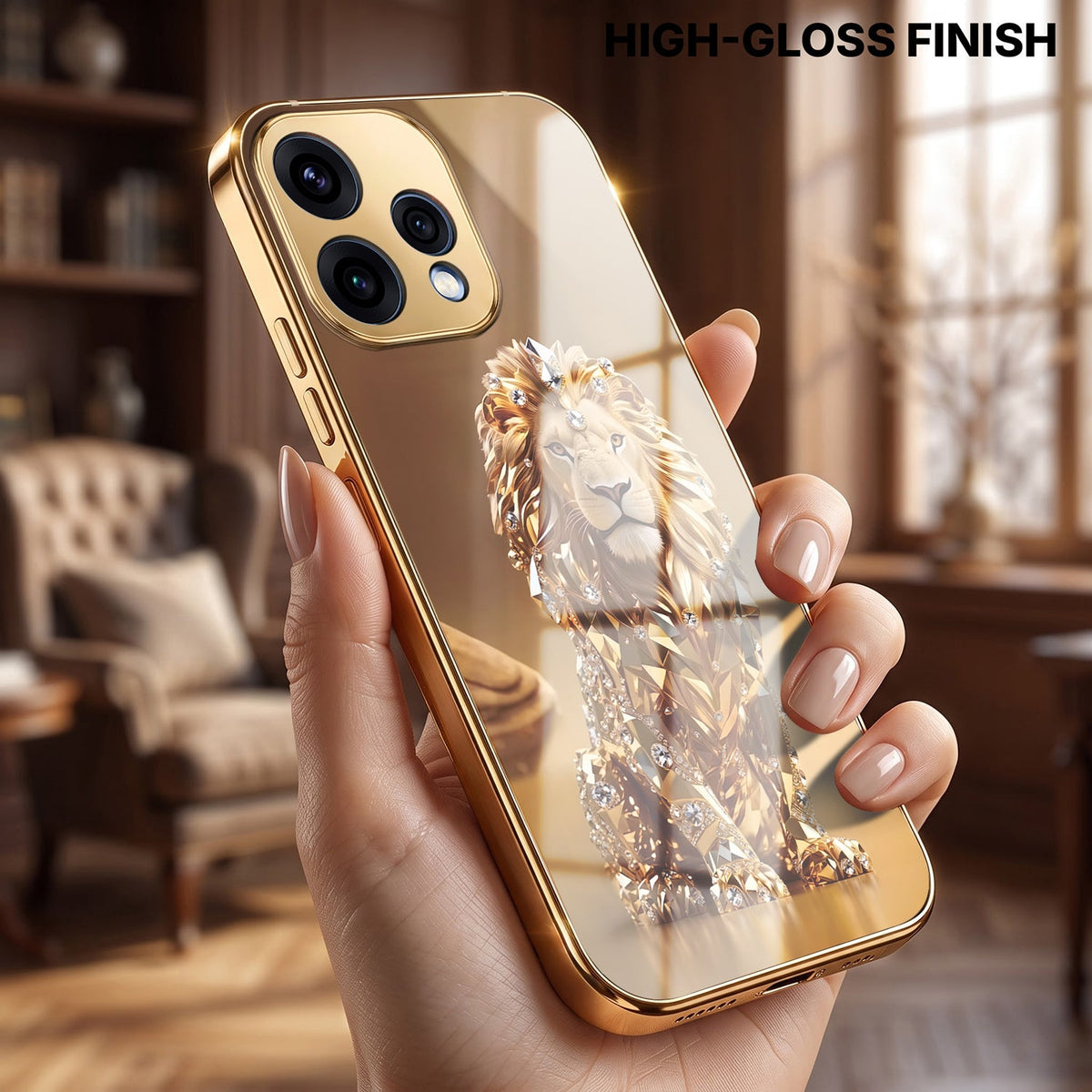 Oppo Reno 15 5G Luxury Lion Gold Electroplated Glass Phone Back Case