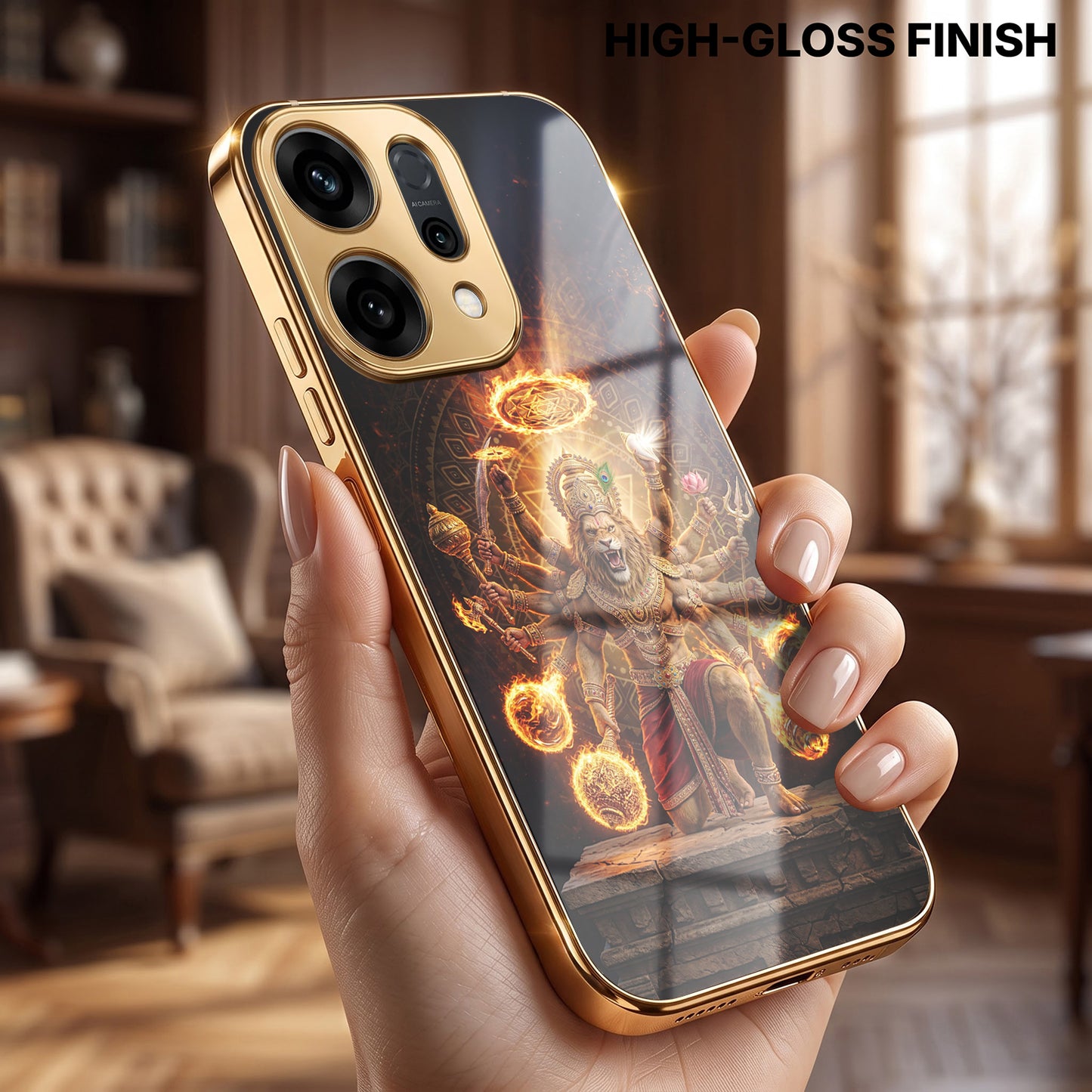 Oppo Reno 14 5G Lord Narasimha Gold Electroplated Glass Phone Back Case
