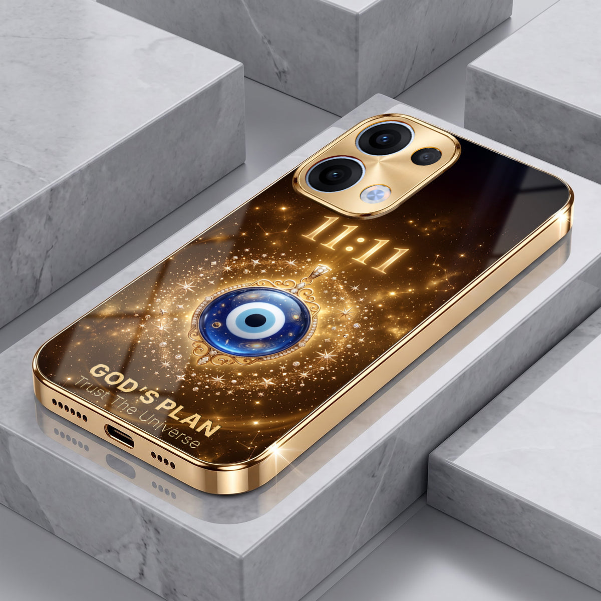 Oppo Reno 13 5G God’s Plan Evil Eye Gold Electroplated Glass Phone Back Case