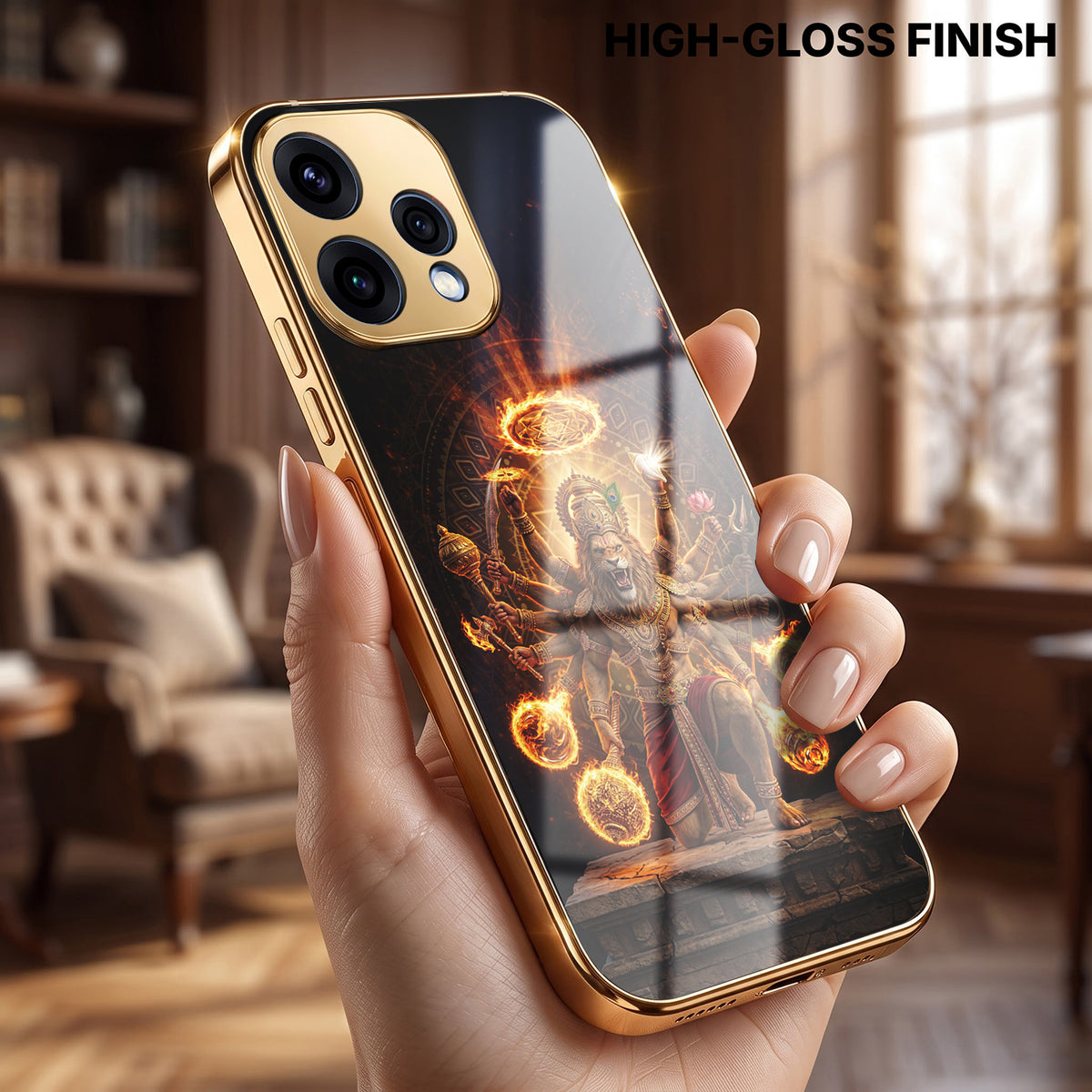 Oppo Reno 15 5G Lord Narasimha Gold Electroplated Glass Phone Back Case