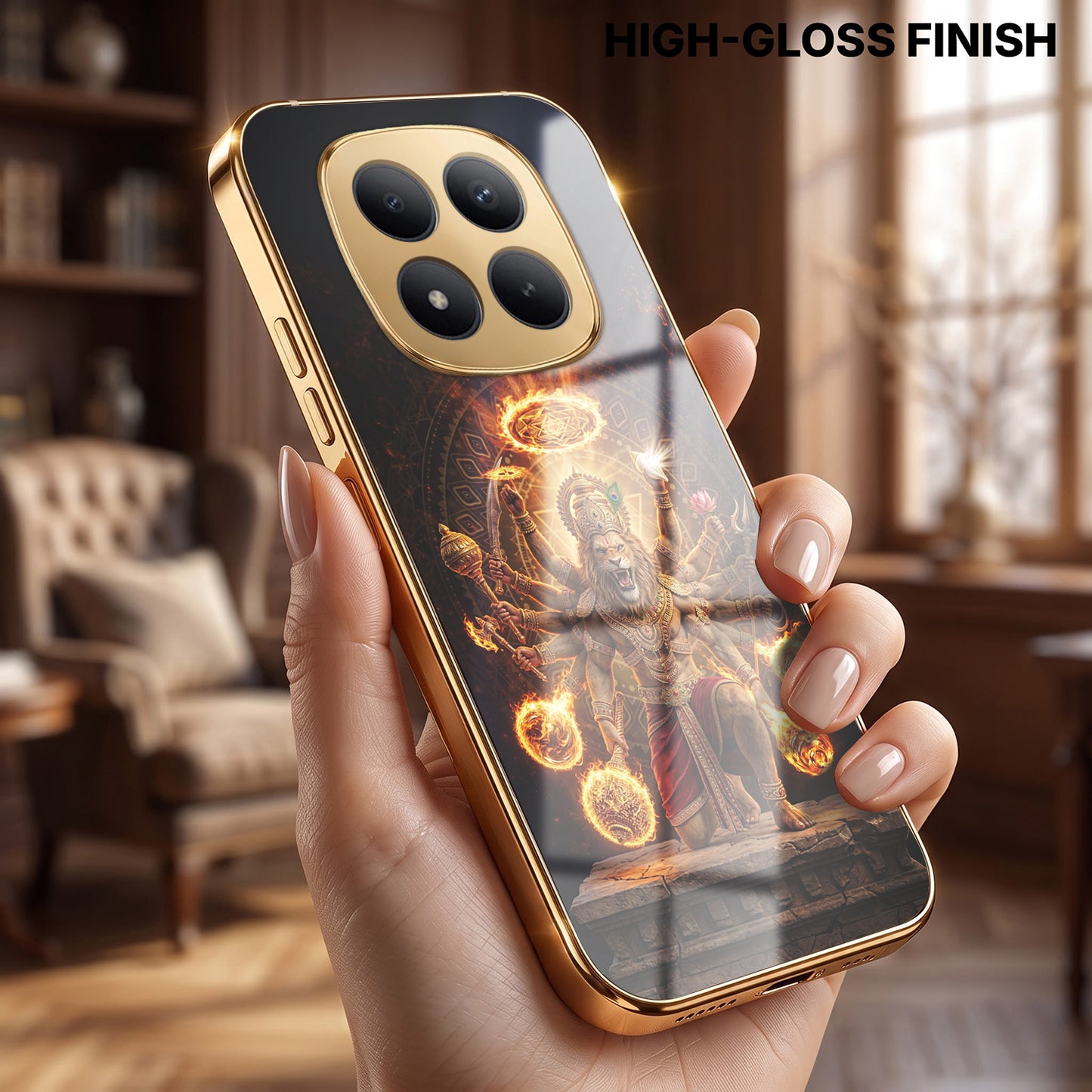 Redmi Note 15 Pro Plus 5G Lord Narasimha Gold Electroplated Glass Phone Back Case