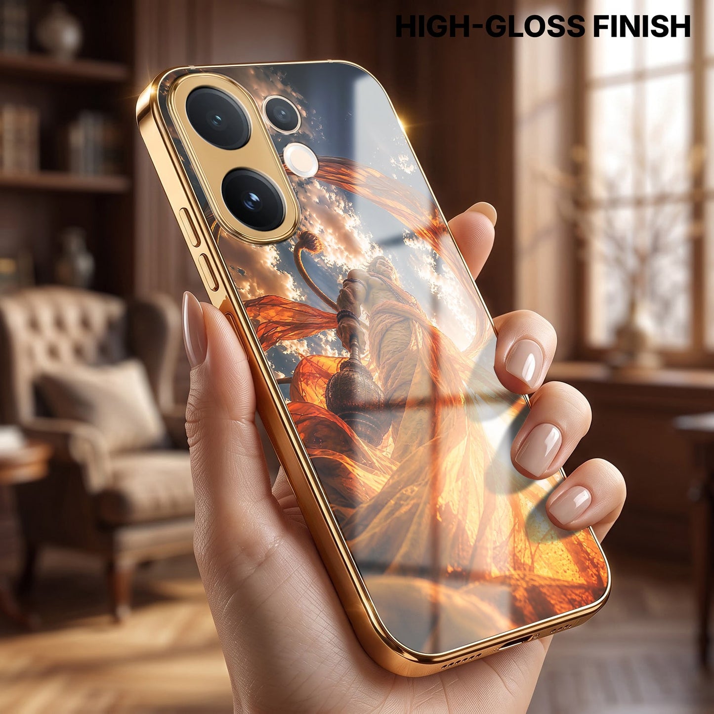 Vivo V60 5G Divine Hanuman Gold Electroplated Glass Phone Back Case