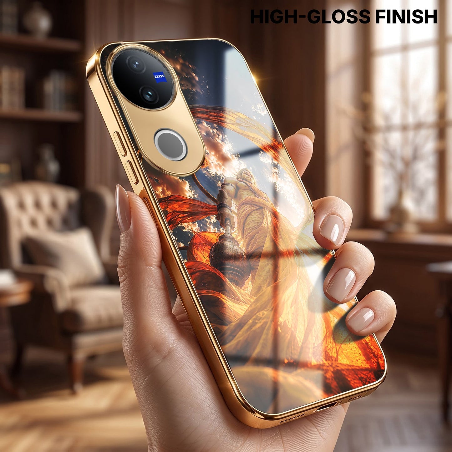 Vivo V50 5G Divine Hanuman Gold Electroplated Glass Phone Back Case