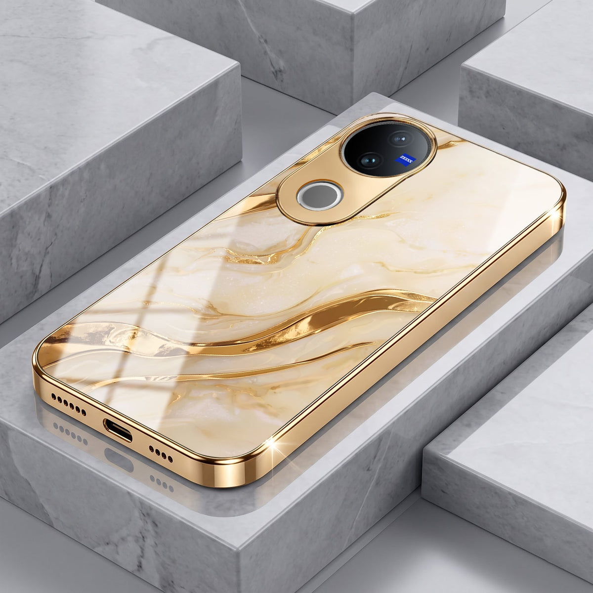 Vivo V50 5G Marvel Texture Gold Electroplated Glass Phone Back Case