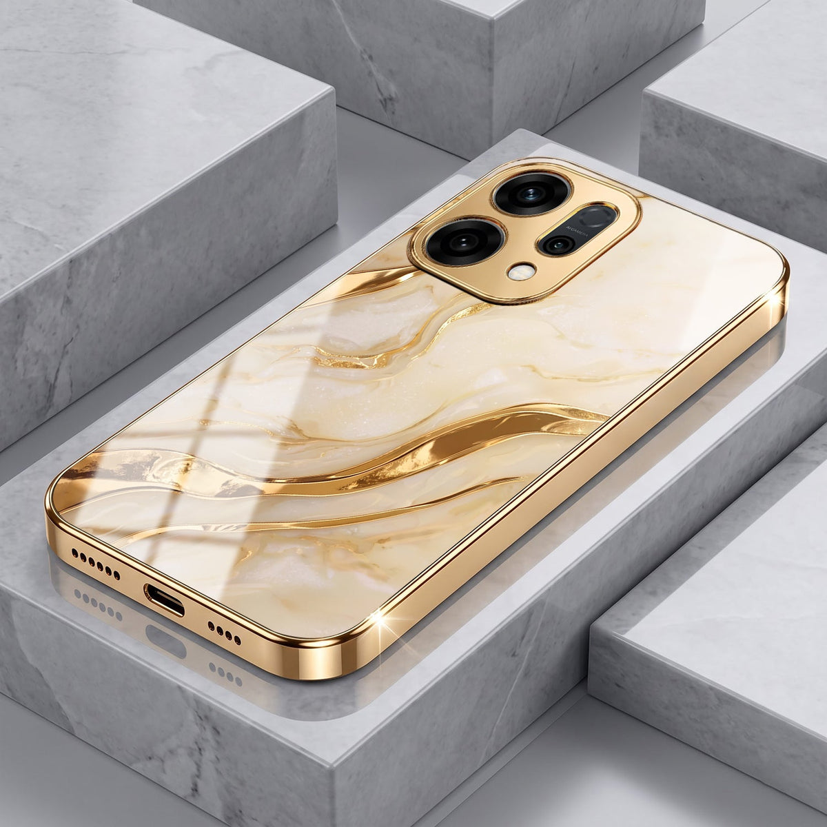 Oppo Reno 14 5G Marvel Texture Gold Electroplated Glass Phone Back Case