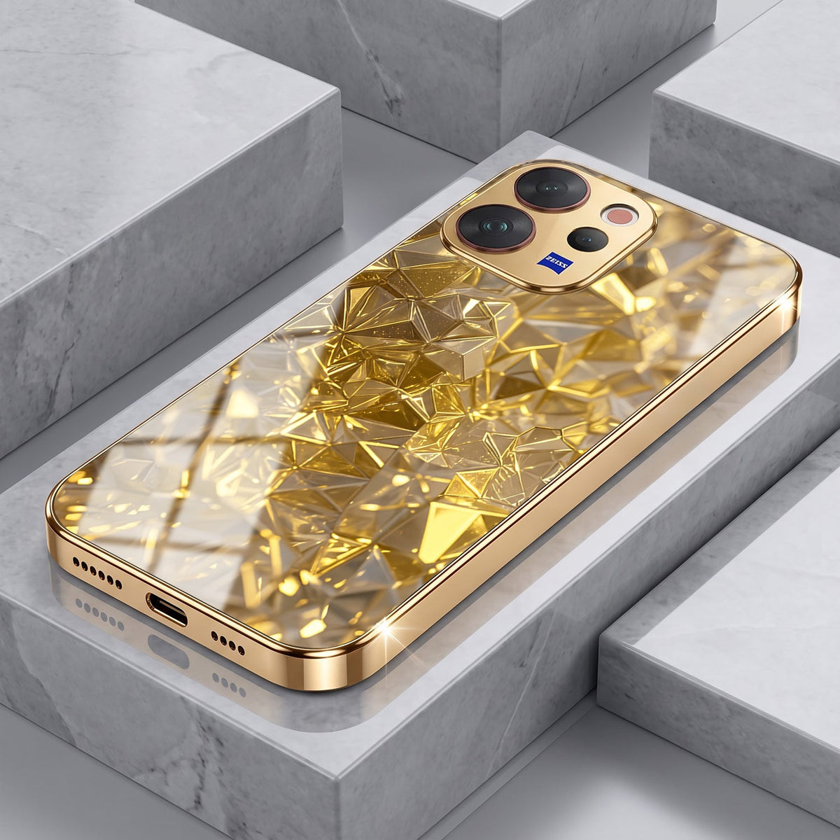 Vivo V70 5G Golden Diamond Shatter Gold Electroplated Glass Phone Back Case