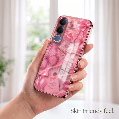 Vivo V70 FE 5G Luxury Dollar Butterfly Pink Electroplated Glass Phone Back Case