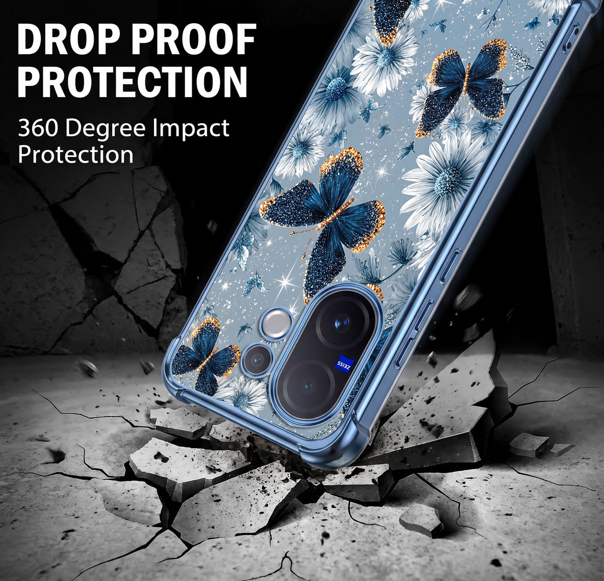 Vivo V60 5G Blue Butterfly Floral Airbags Printed Back Case