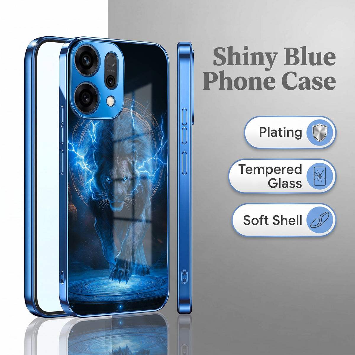 Oppo Reno 14 5G Thunder Titan Lion Blue Electroplated Glass Phone Back Case