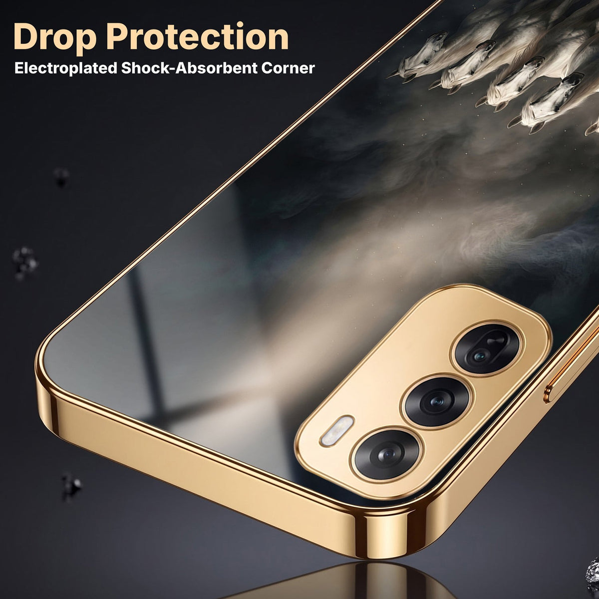 Oppo Reno 12 Pro 5G Running Horses Gold Electroplated Glass Phone Back Case