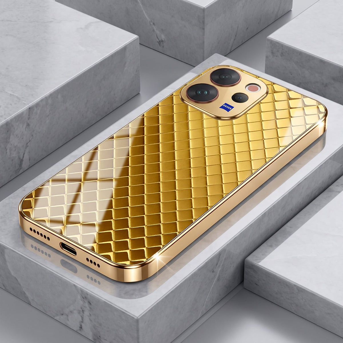 Vivo V70 5G Golden Criss Cross Gold Electroplated Glass Phone Back Case