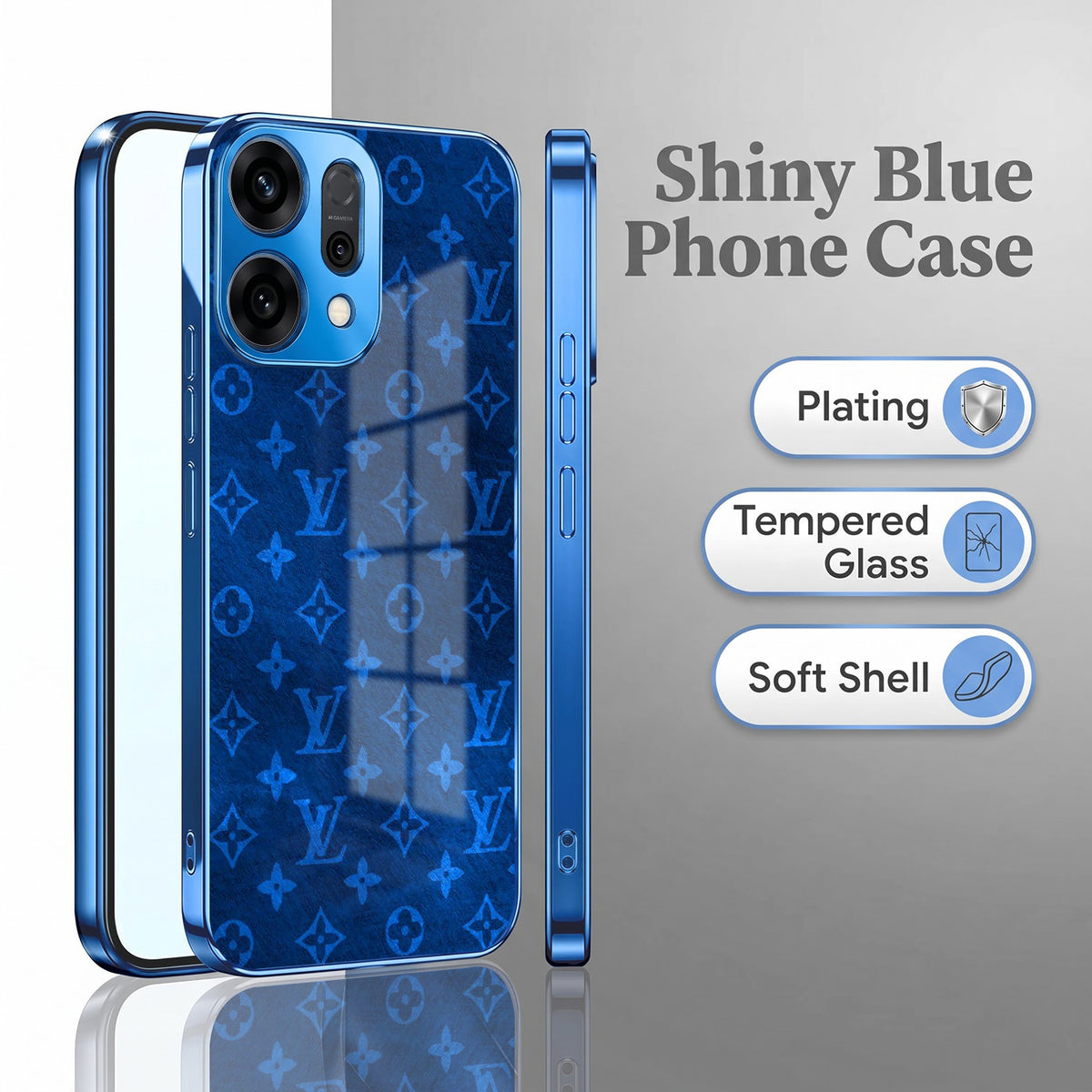Oppo Reno 14 5G Luxury Monogram Blue Electroplated Glass Phone Back Case