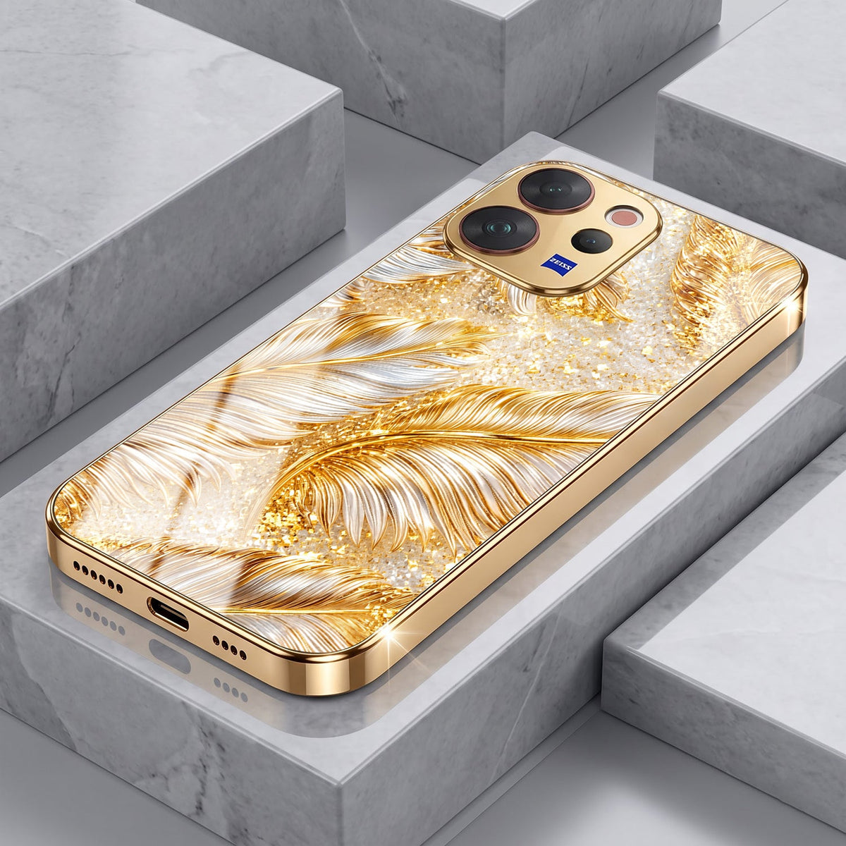 Vivo V70 5G Golden Feather Marble Gold Electroplated Glass Phone Back Case