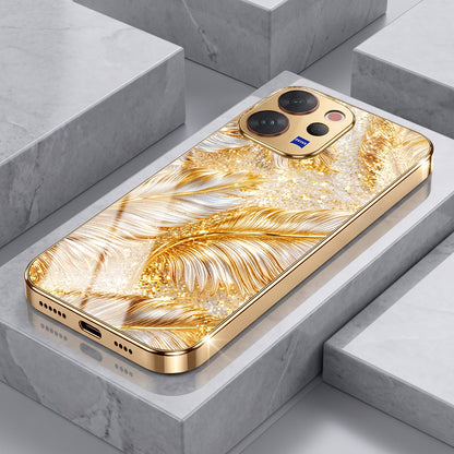Vivo V70 5G Golden Feather Marble Gold Electroplated Glass Phone Back Case