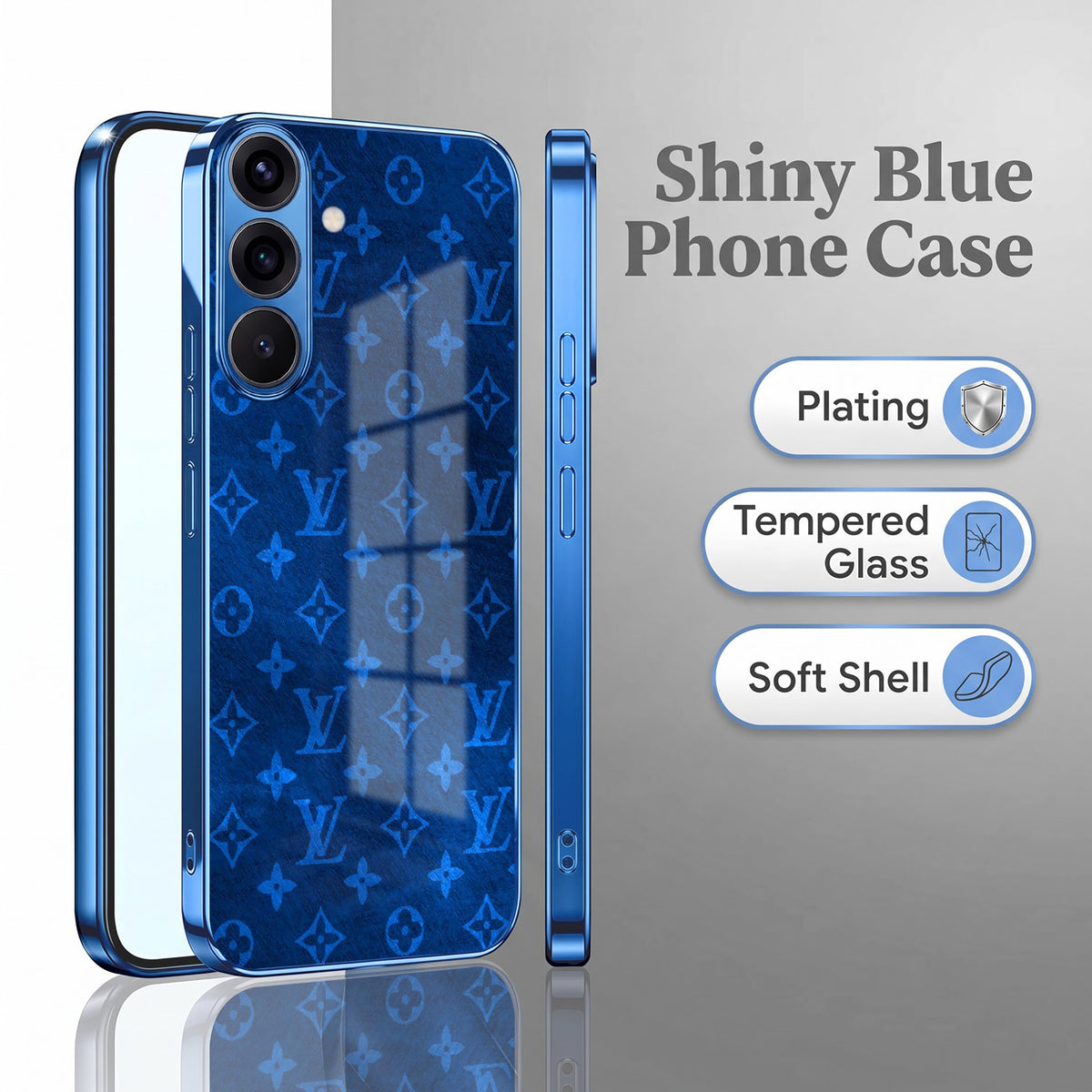 Samsung Galaxy A56 5G Luxury Monogram Blue Electroplated Glass Phone Back Case