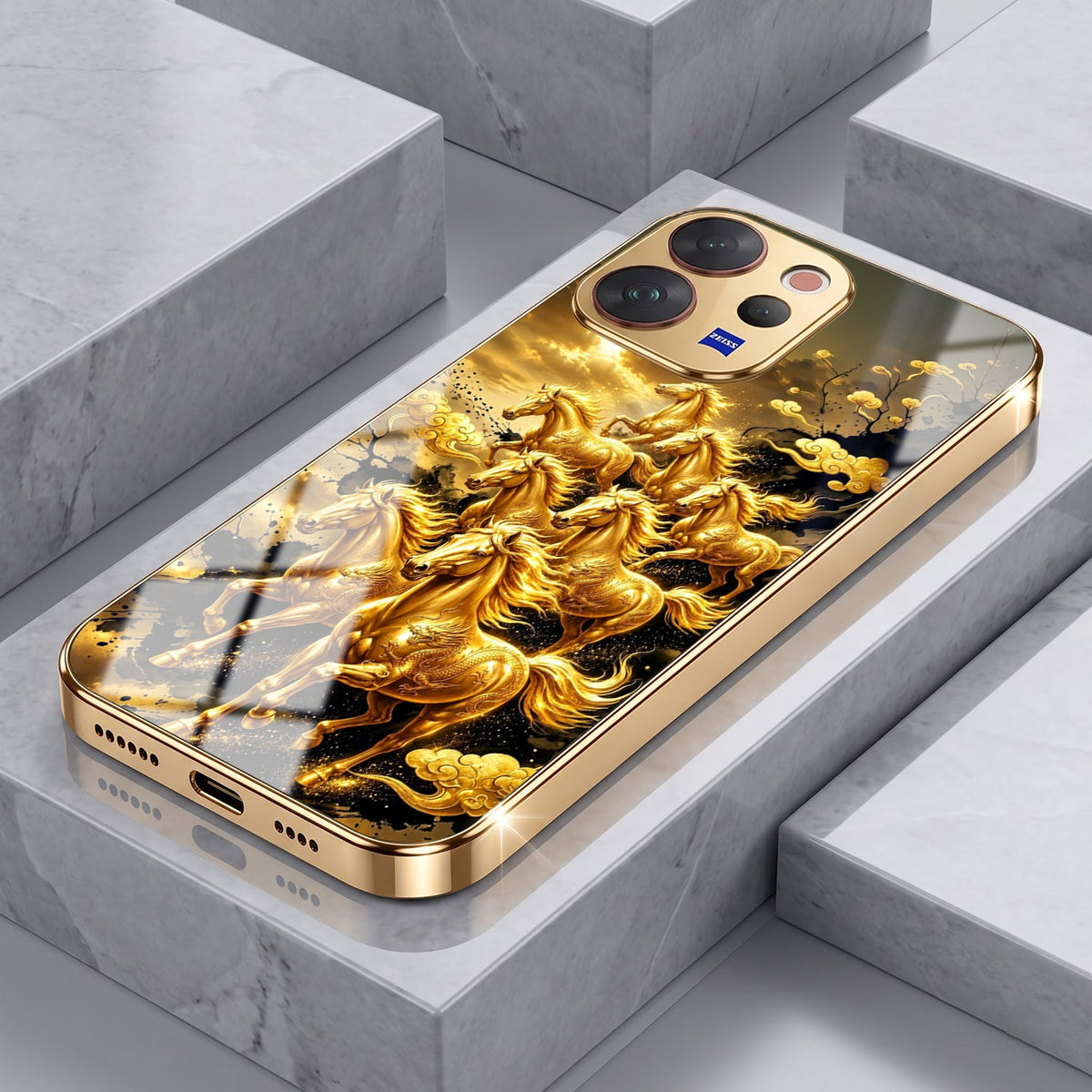 Vivo V70 5G Horses Royal Glory Gold Electroplated Glass Phone Back Case