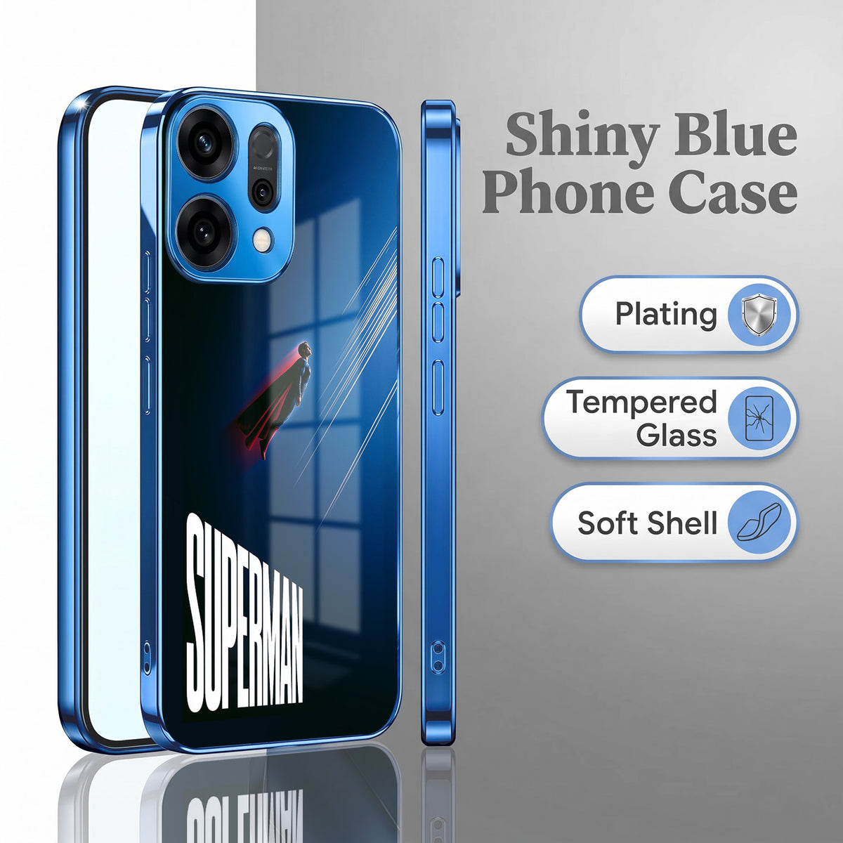 Oppo Reno 14 5G Superman Blue Electroplated Glass Phone Back Case