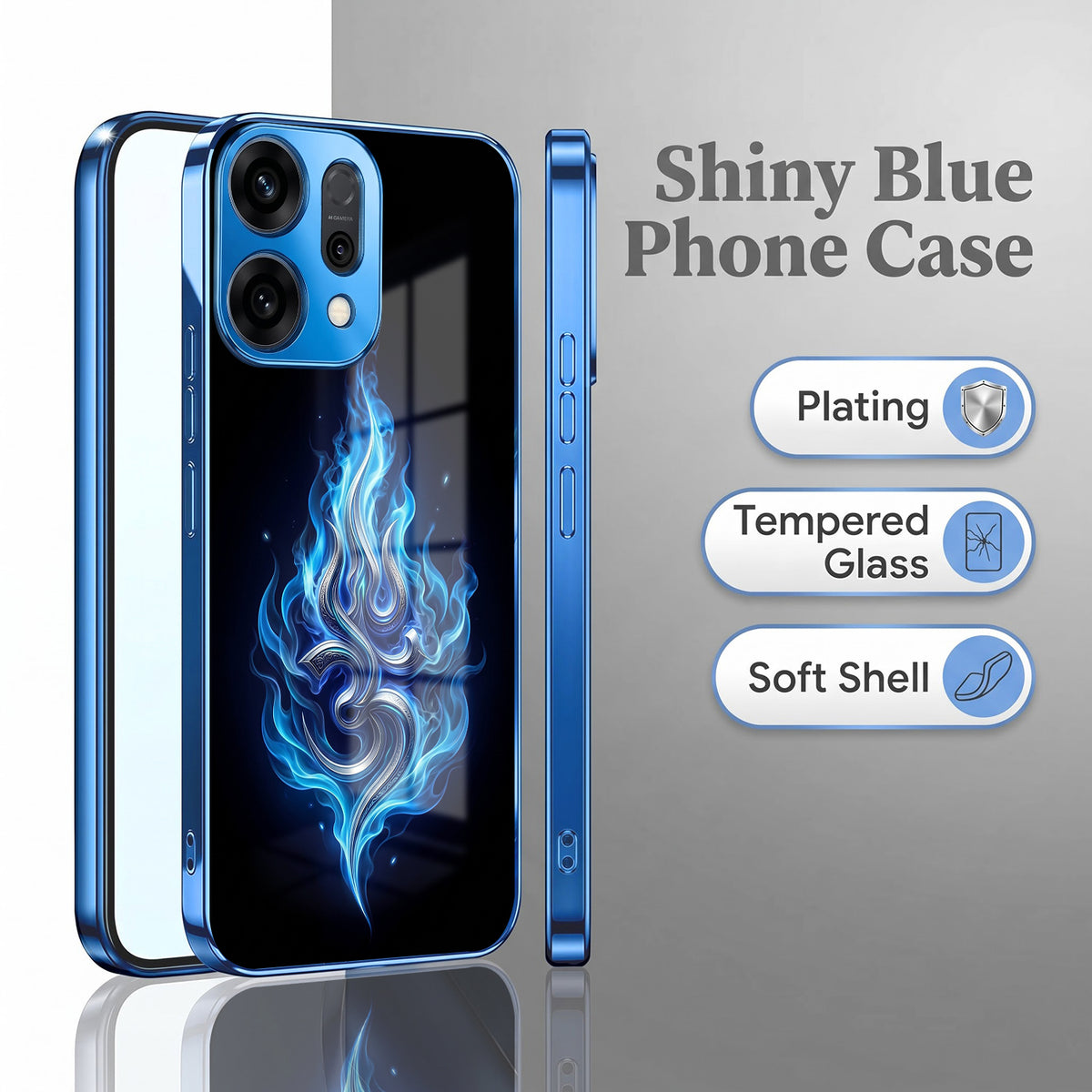 Oppo Reno 14 5G Blue Flame OM Blue Electroplated Glass Phone Back Case