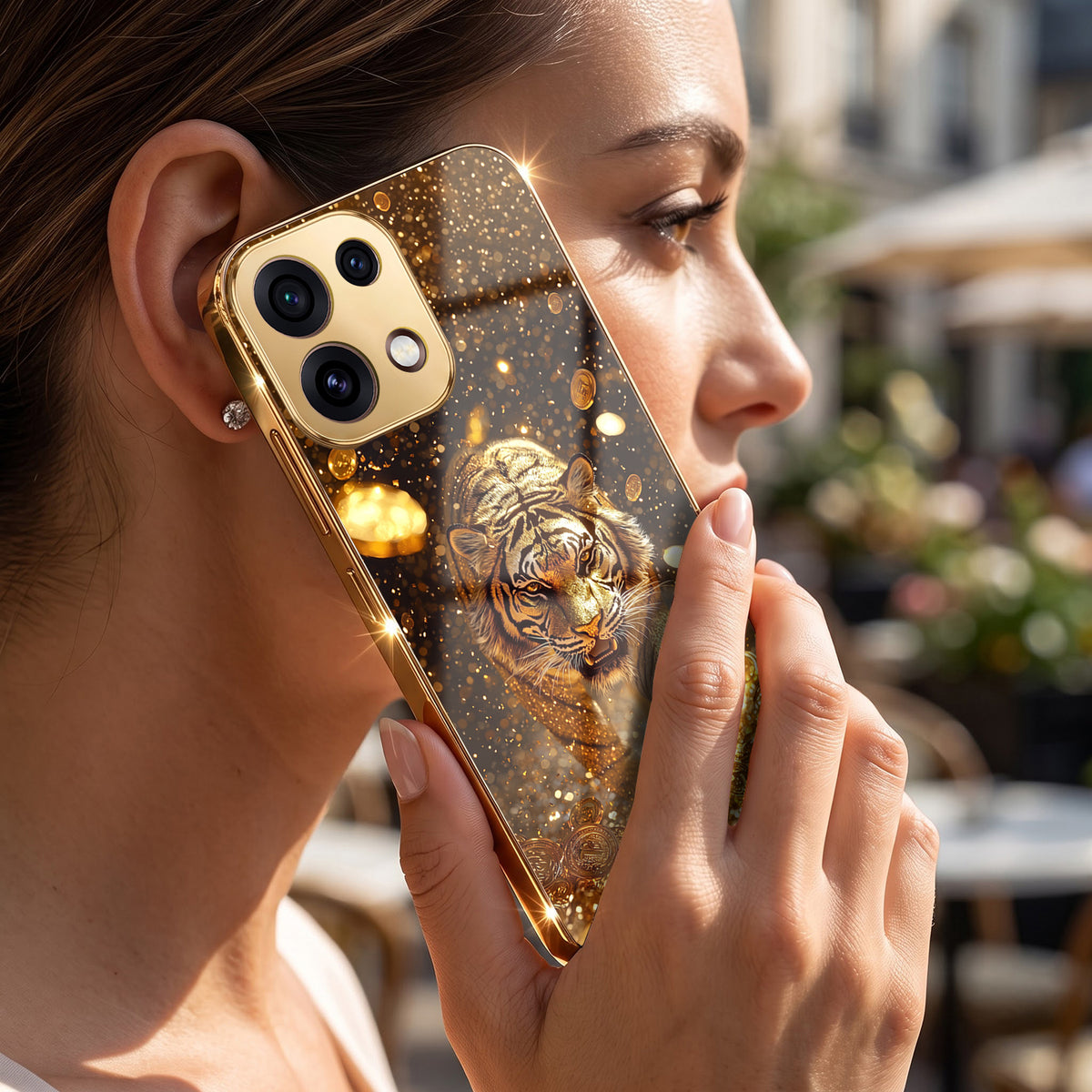 Oppo Reno 16C 5G Luxury Tiger Gold Electroplated Glass Phone Back Case