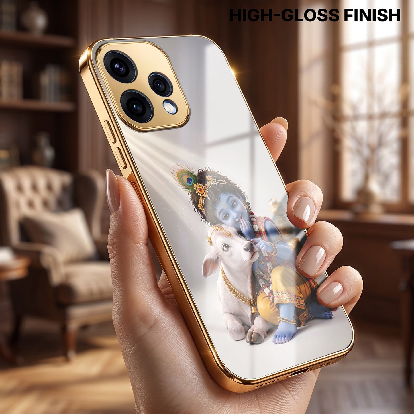 Oppo Reno 15 5G Bal Krishna Blessings Gold Electroplated Glass Phone Back Case