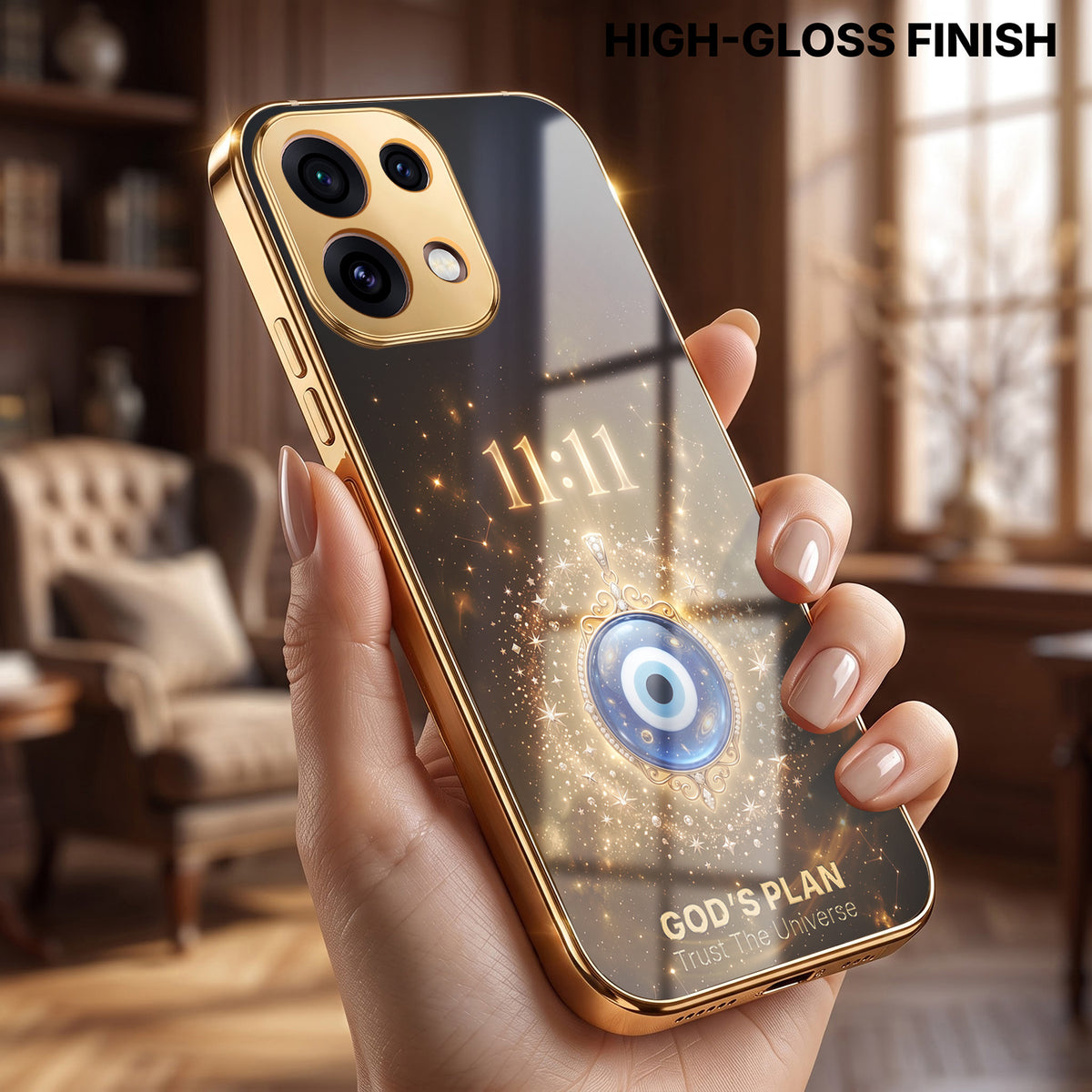 Oppo Reno 16C 5G God’s Plan Evil Eye Gold Electroplated Glass Phone Back Case