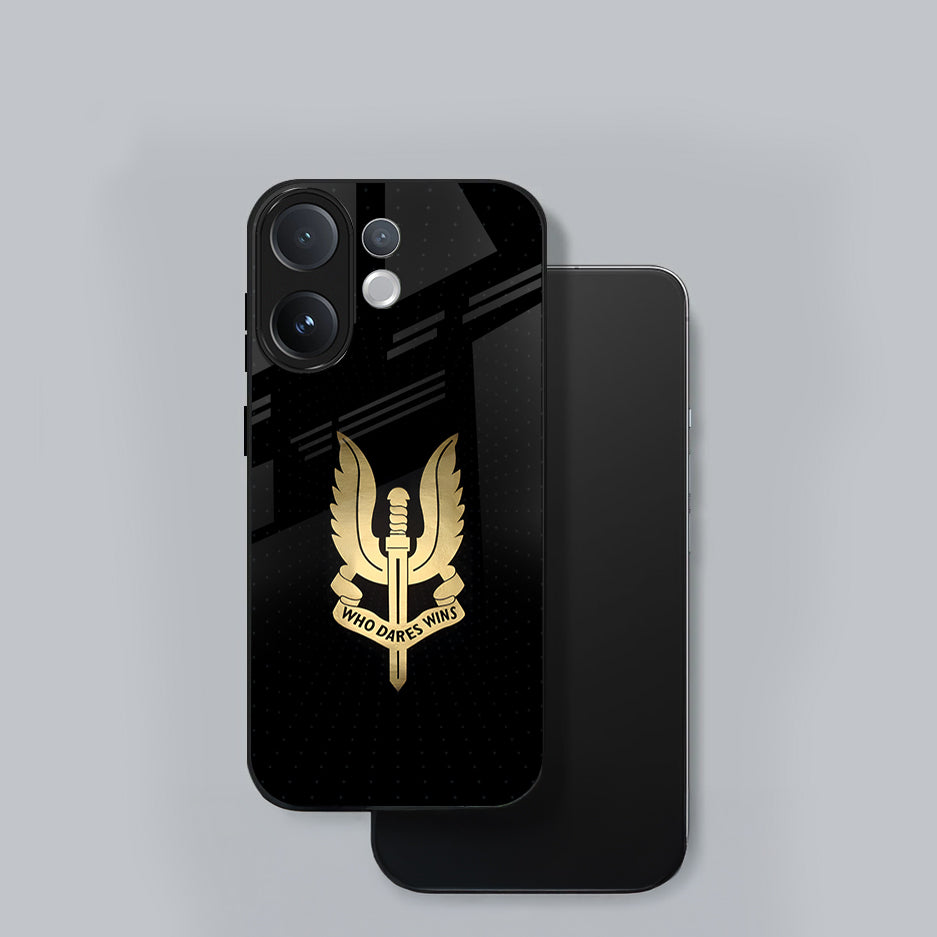 Vivo V60 5G Black phone case with gold emblem on a gray background