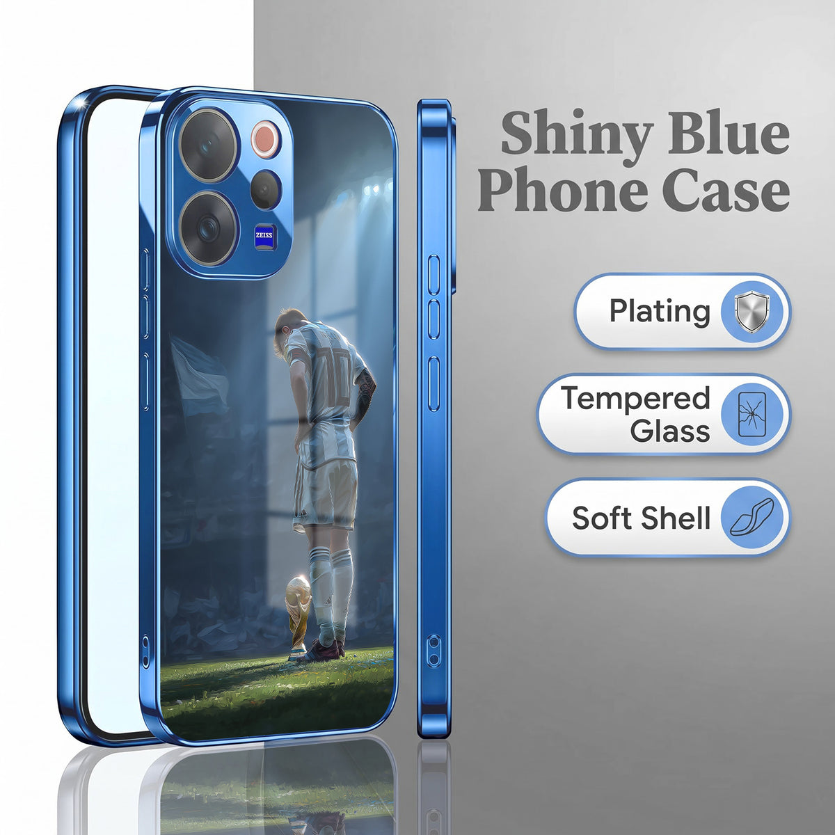 Vivo V70 5G Football Champion Blue Electroplated Glass Phone Back Case