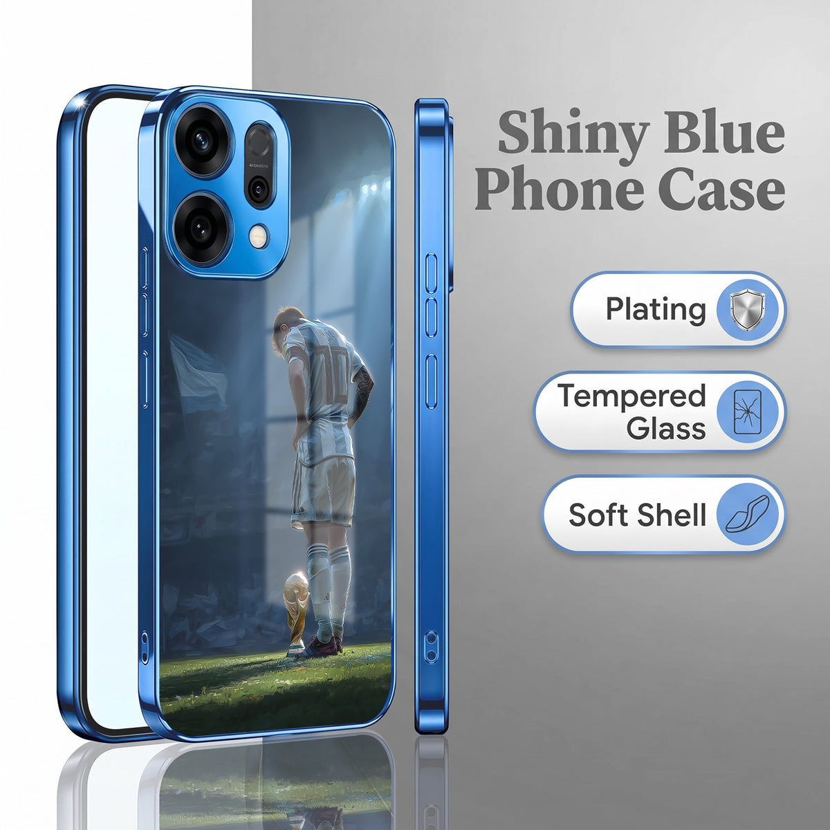 Oppo Reno 14 5G Football Champion Blue Electroplated Glass Phone Back Case