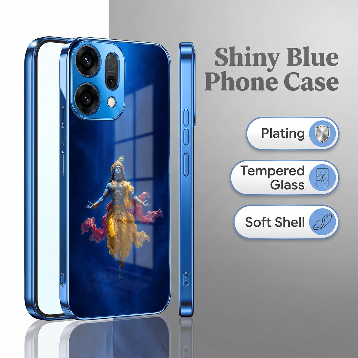 Oppo Reno 14 5G Lord Krishna Blue Electroplated Glass Phone Back Case