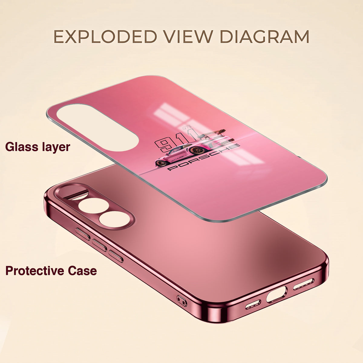 Vivo V70 FE 5G Luxury Porsche 911 Pink Electroplated Glass Phone Back Case