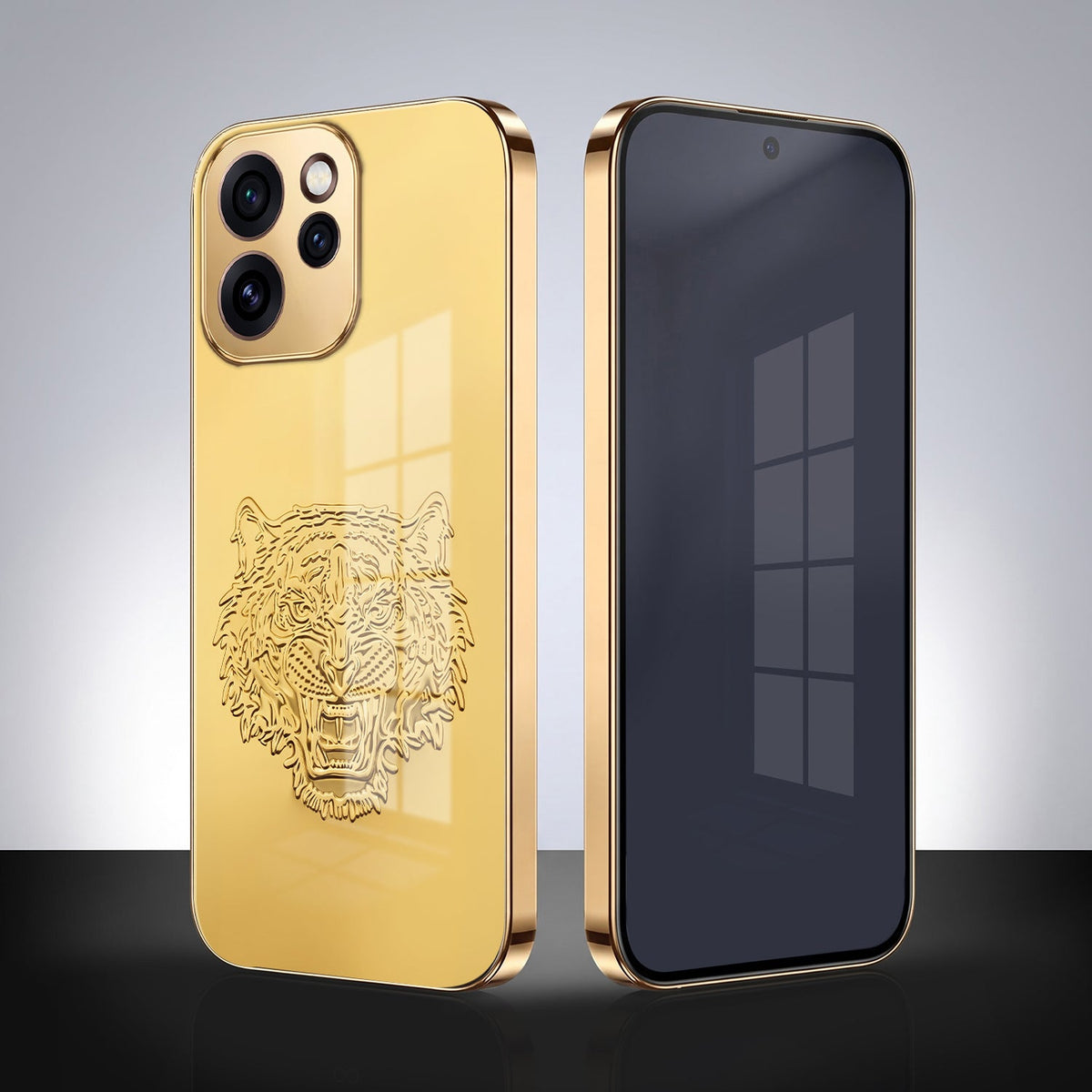 Oppo Reno 15 Pro Mini 5G Golden Tiger Face Gold Electroplated Glass Phone Back Case