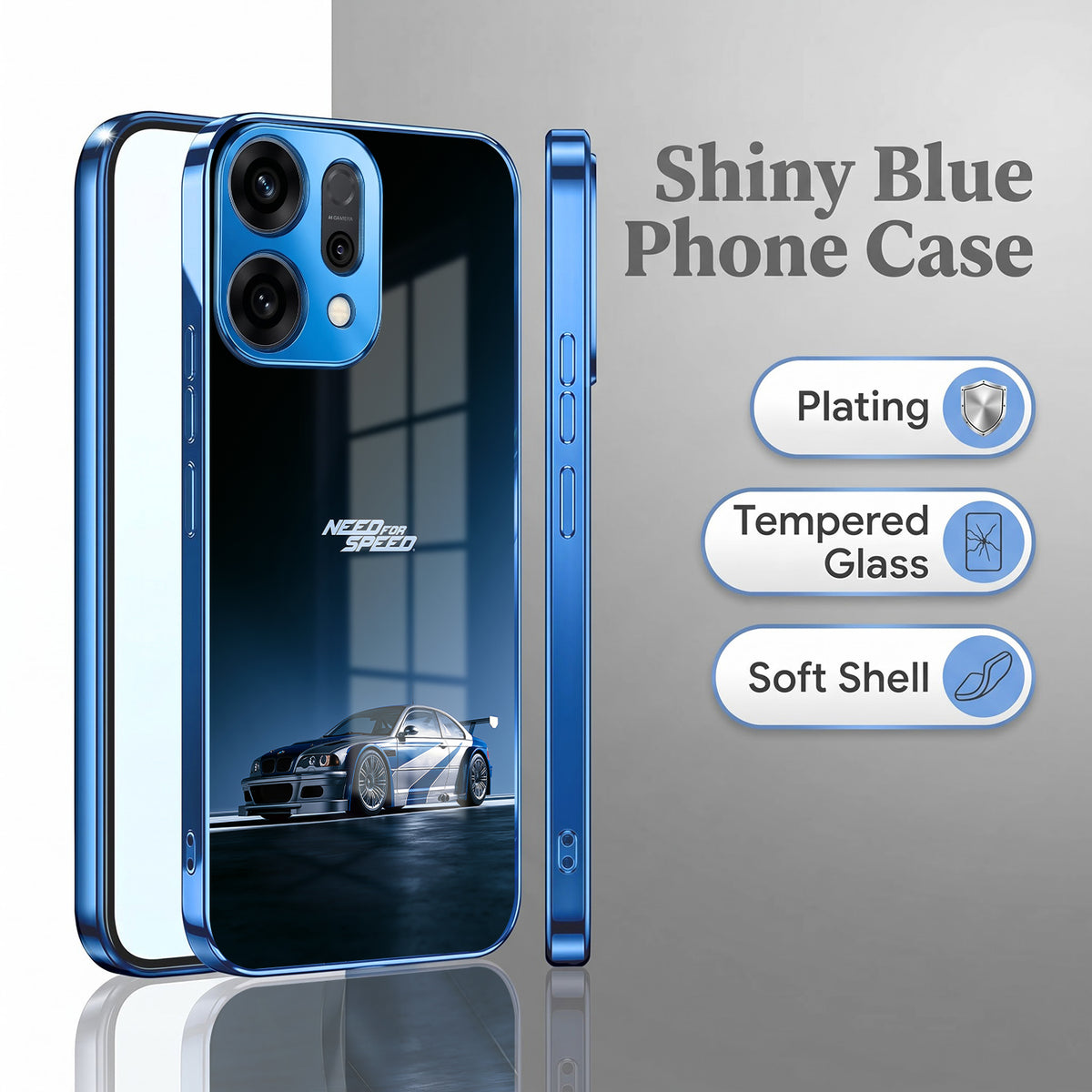 Oppo Reno 14 5G Need For Speed Blue Electroplated Glass Phone Back Case