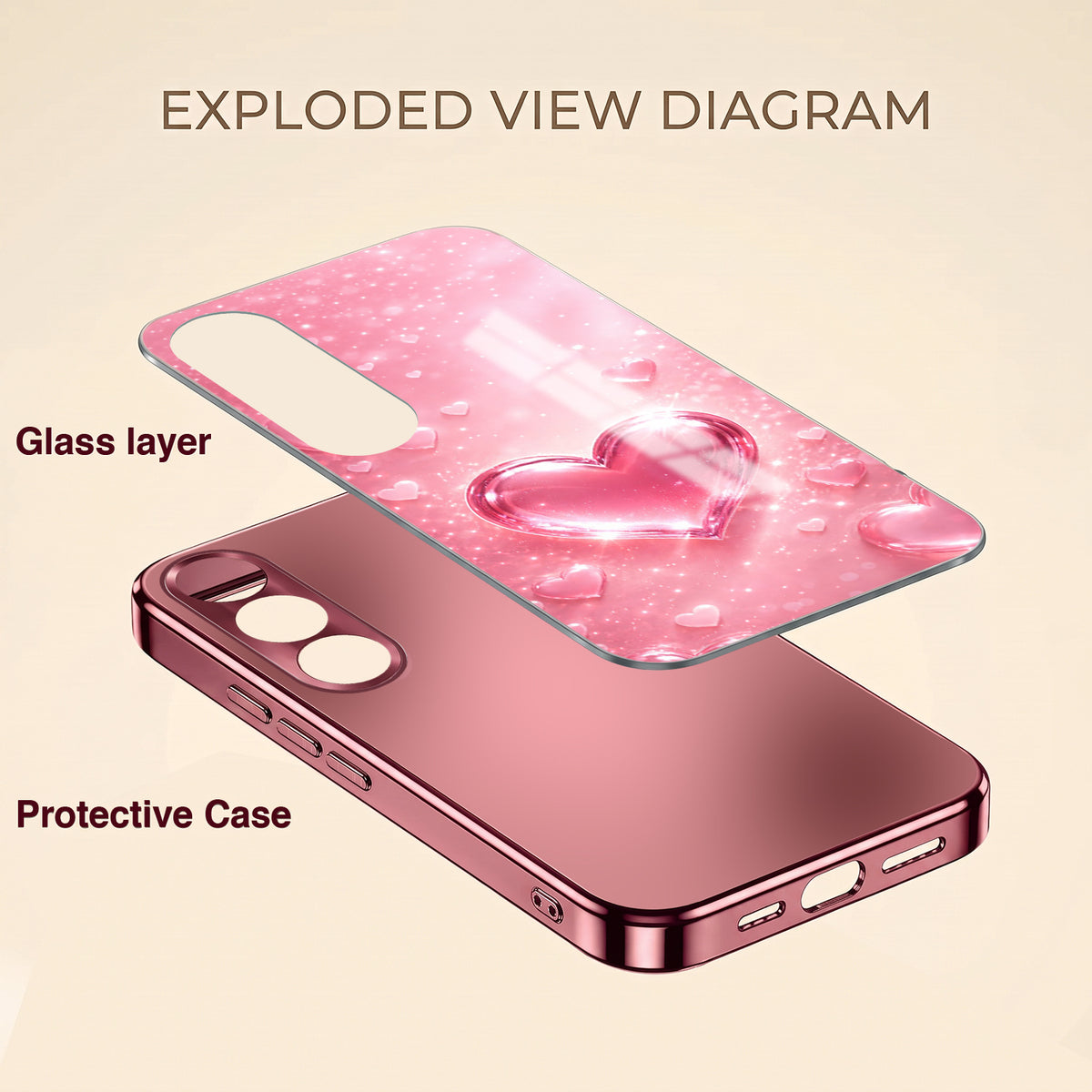 Vivo V70 FE 5G Luxury 3D Jelly Heart Pink Electroplated Glass Phone Back Case
