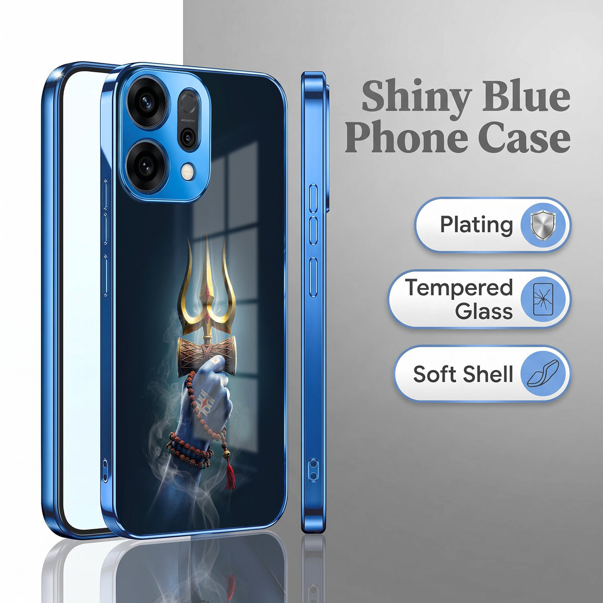 Oppo Reno 14 5G Divine Shiva Trisul Blue Electroplated Glass Phone Back Case
