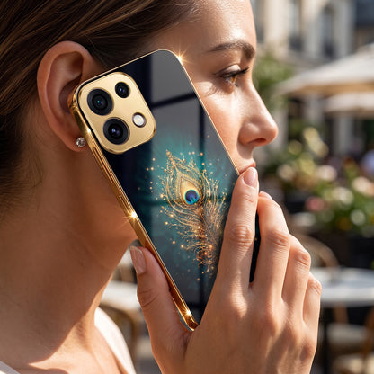 Oppo Reno 16C 5G Golden Peacock Feather Gold Electroplated Glass Phone Back Case