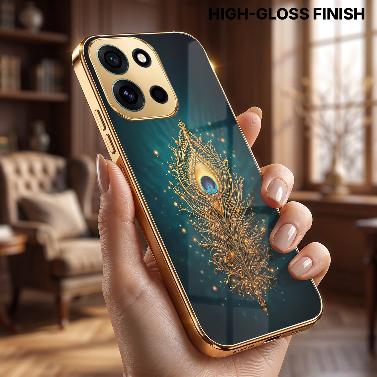 OnePlus Nord 6 5G Golden Peacock Feather Gold Electroplated Glass Phone Back Case