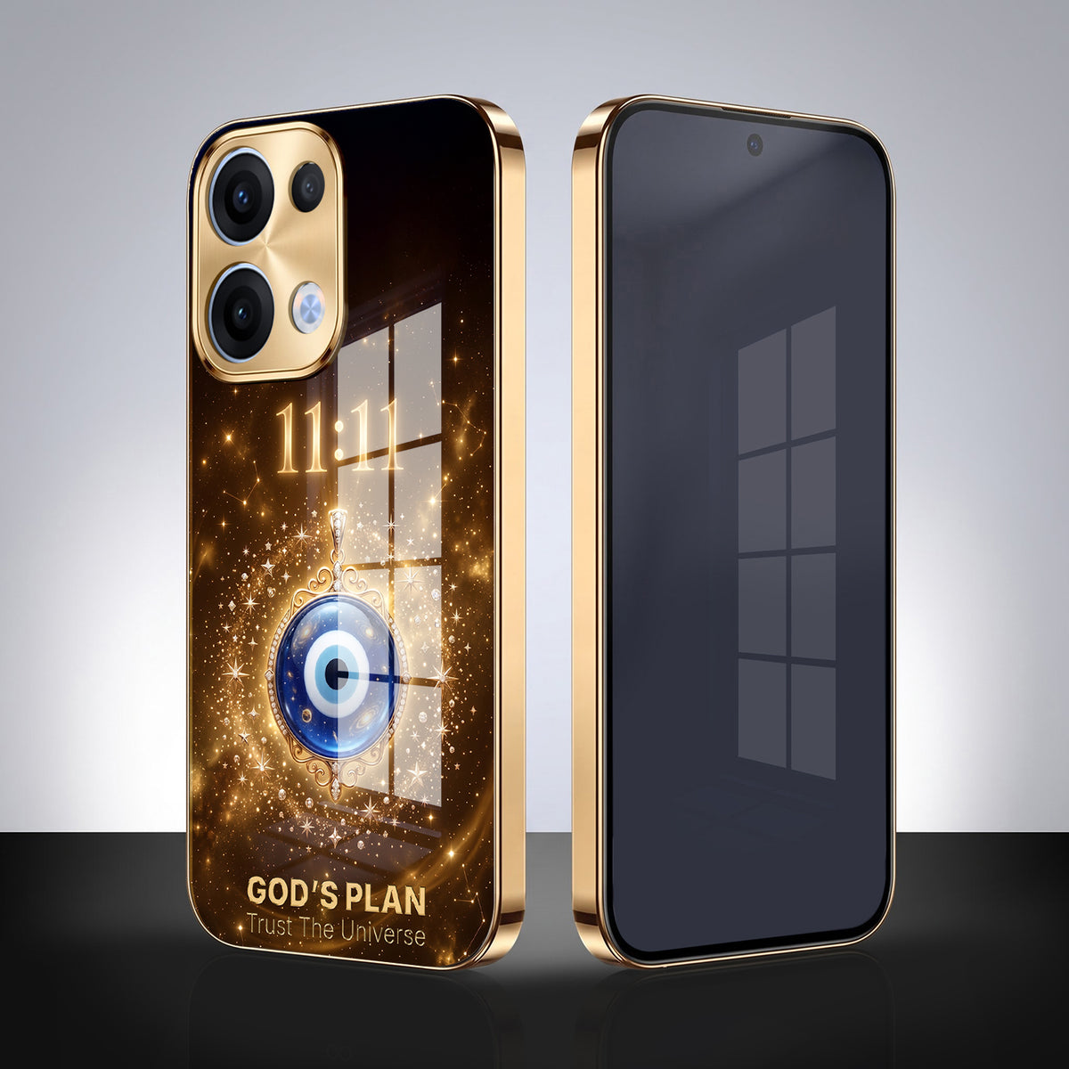 Oppo Reno 13 5G God’s Plan Evil Eye Gold Electroplated Glass Phone Back Case