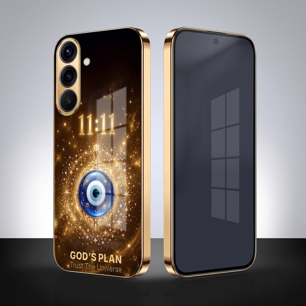 Samsung Galaxy A56 5G God’s Plan Evil Eye Gold Electroplated Glass Phone Back Case