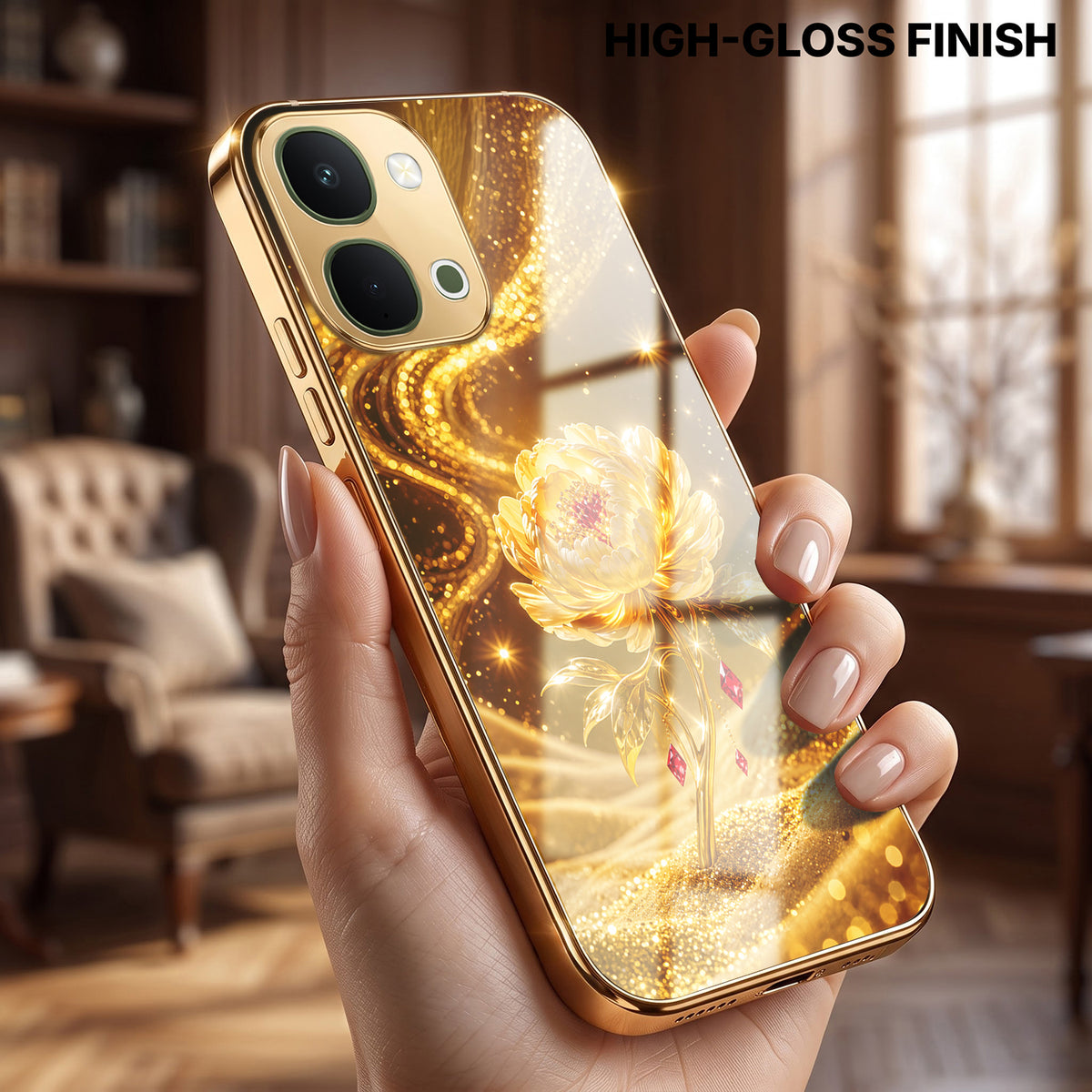 Vivo T5x 5G Golden Rose Elegance Gold Electroplated Glass Phone Back Case