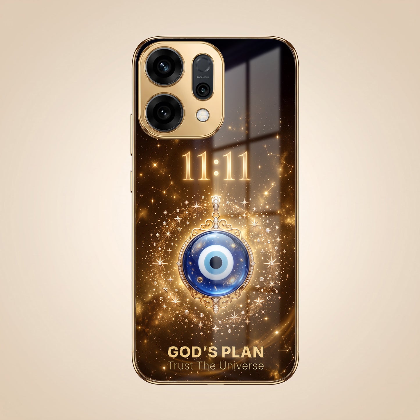 Oppo Reno 14 5G God’s Plan Evil Eye Gold Electroplated Glass Phone Back Case