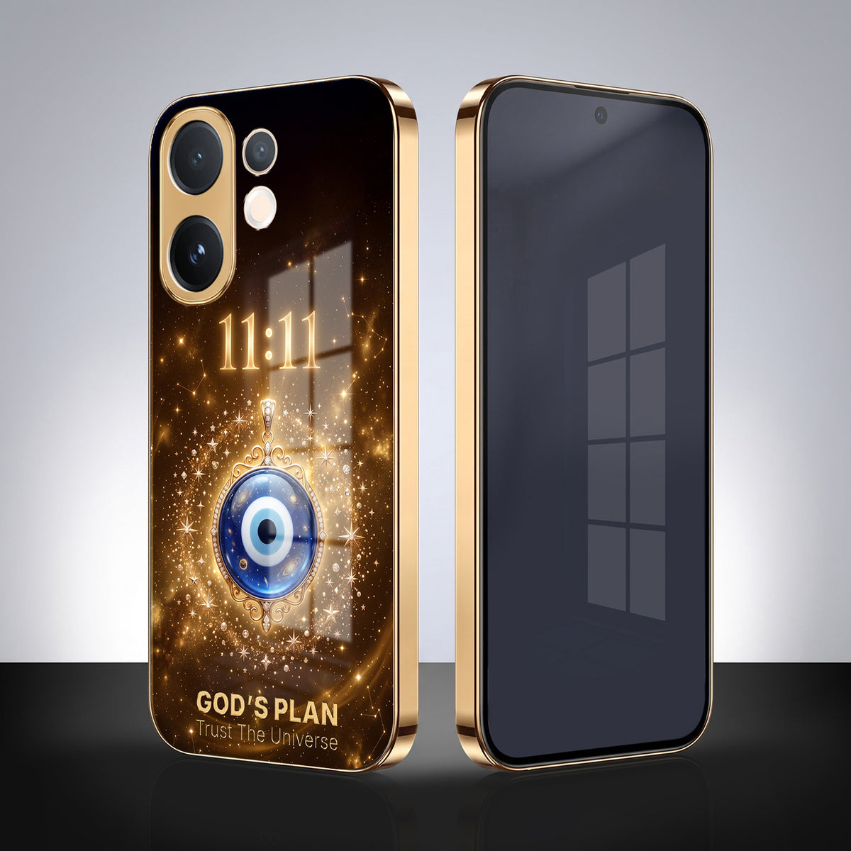 Vivo V60 5G God’s Plan Evil Eye Gold Electroplated Glass Phone Back Case