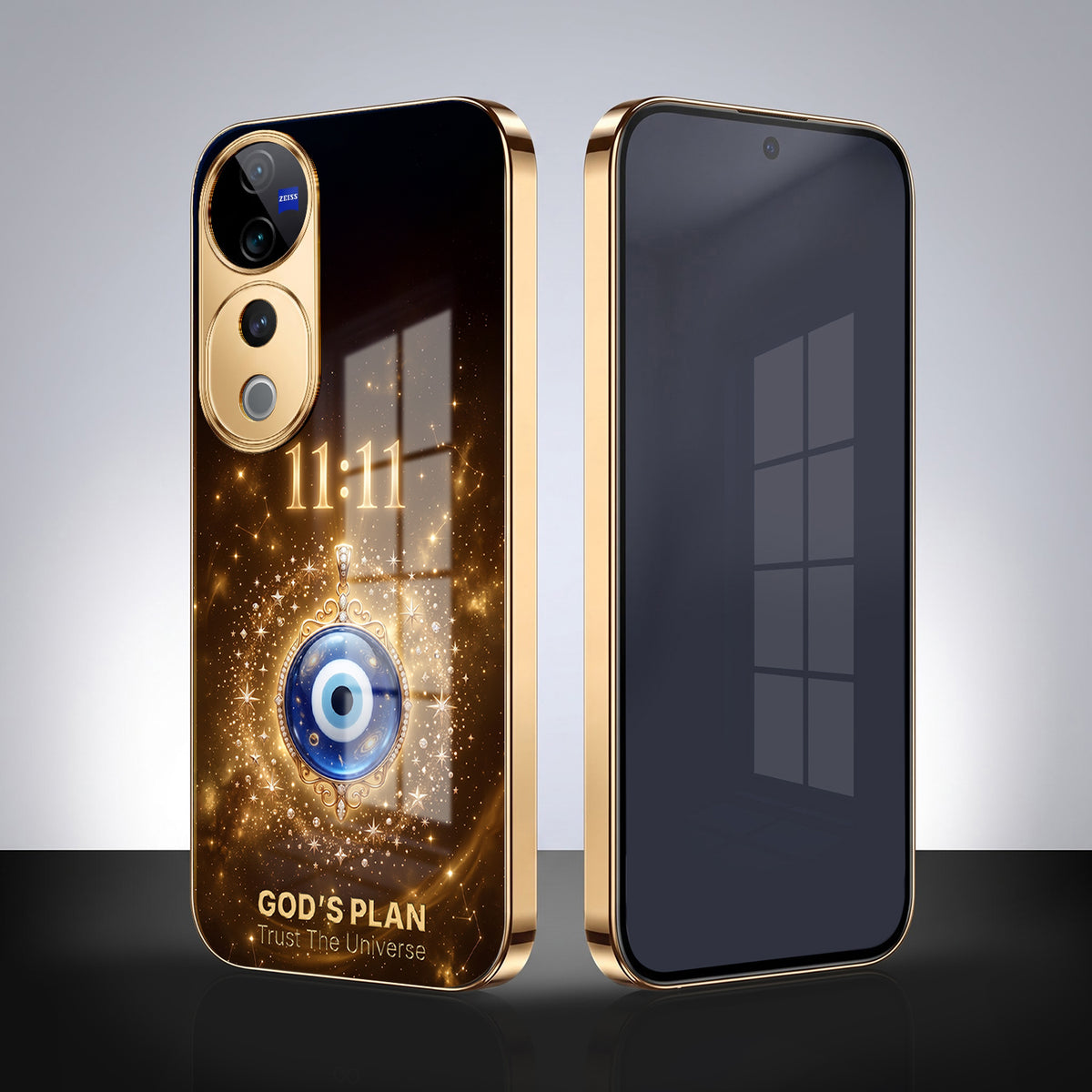 Vivo V40 Pro 5G God’s Plan Evil Eye Gold Electroplated Glass Phone Back Case