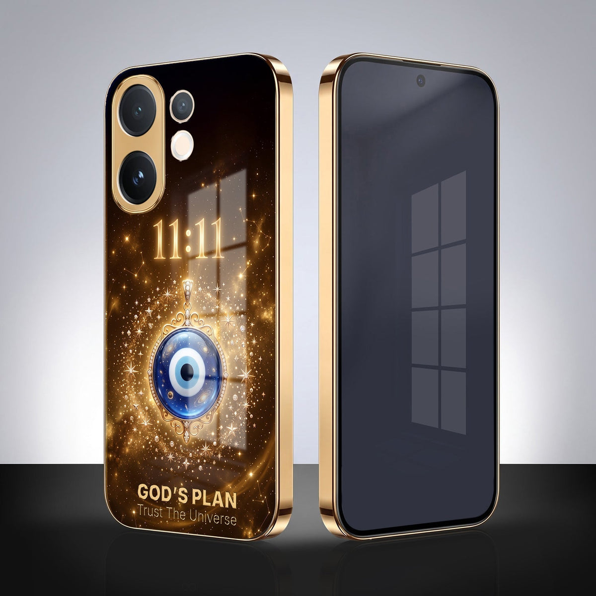 Vivo V60e 5G God’s Plan Evil Eye Gold Electroplated Glass Phone Back Case