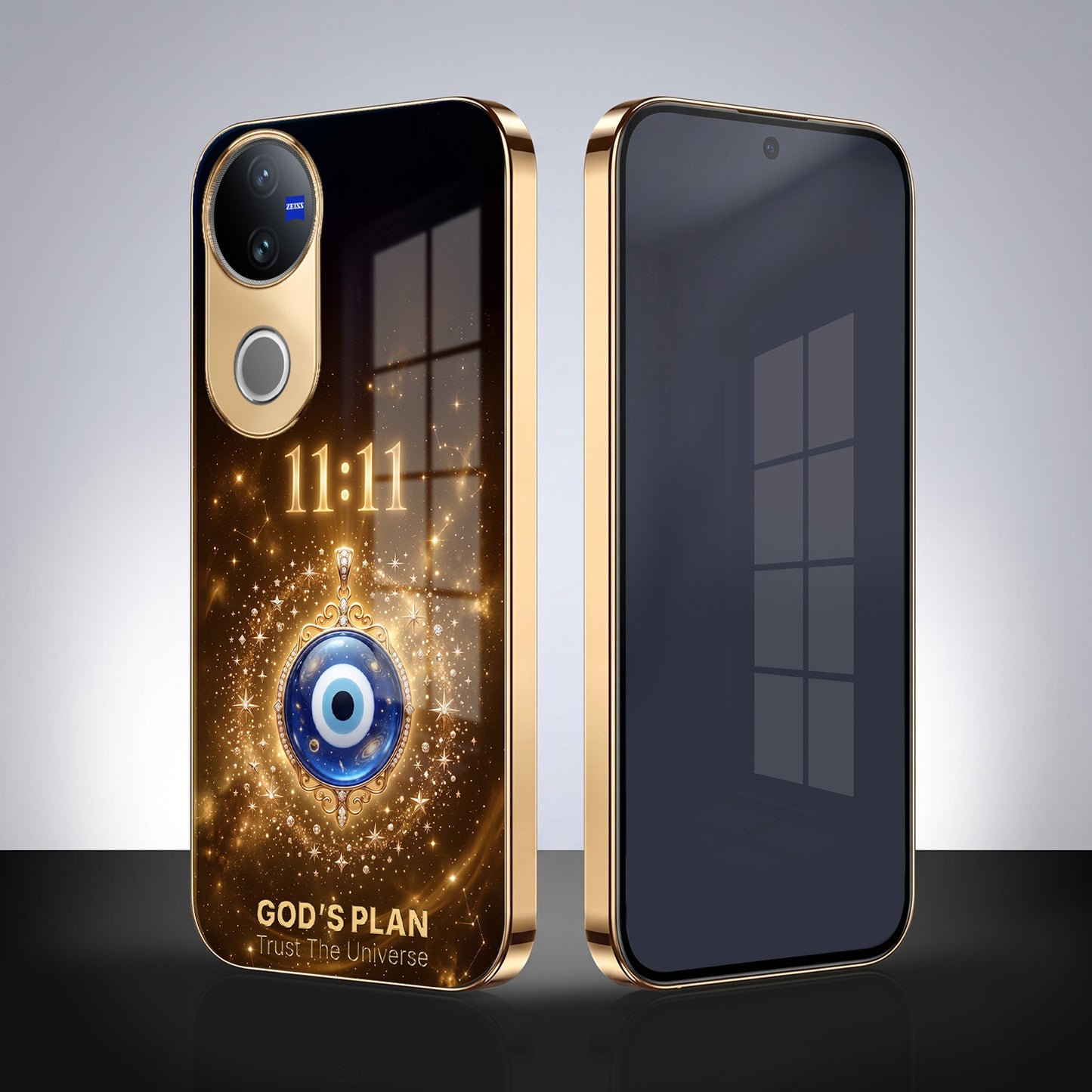 Vivo V50 5G God’s Plan Evil Eye Gold Electroplated Glass Phone Back Case