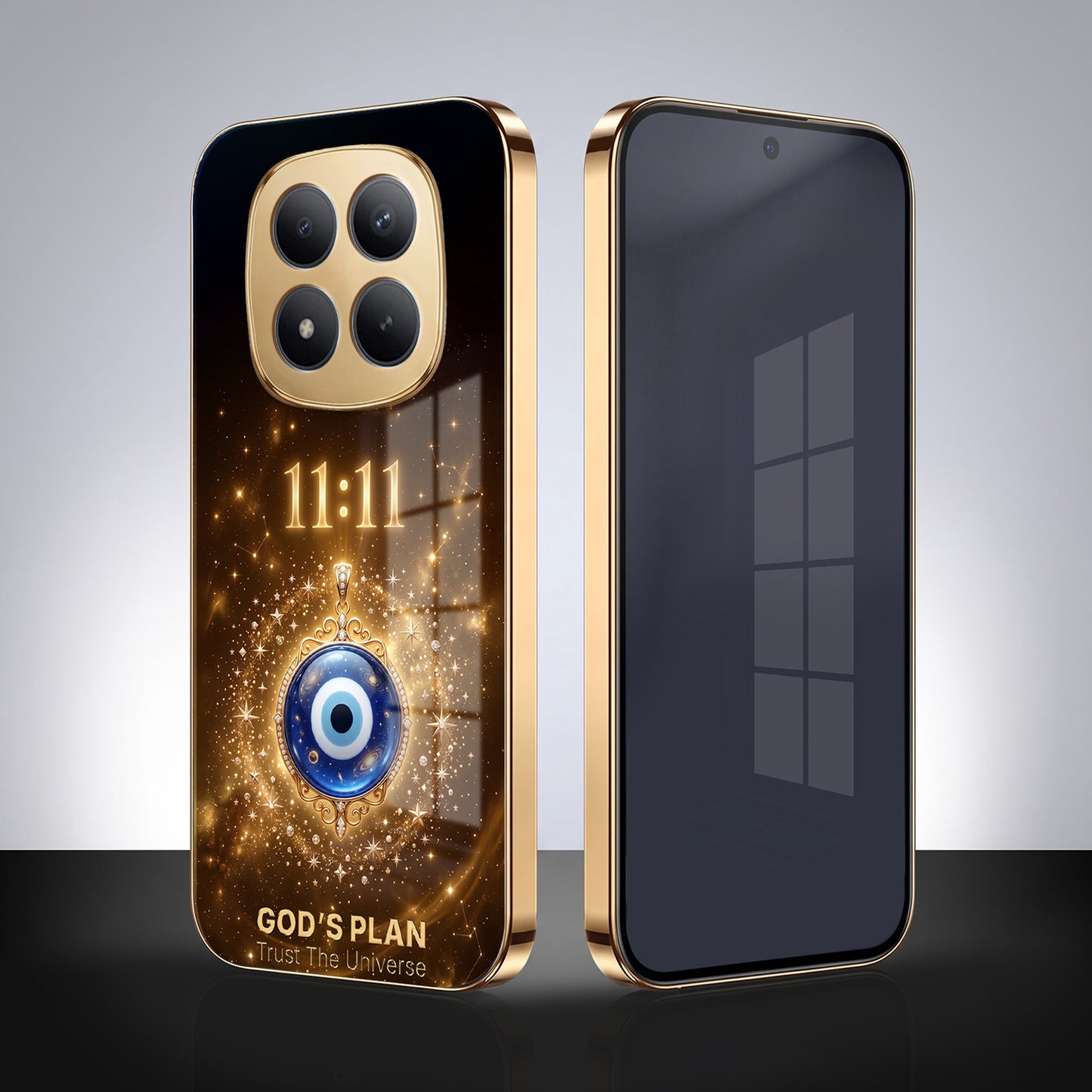Redmi Note 15 Pro Plus 5G God’s Plan Evil Eye Gold Electroplated Glass Phone Back Case
