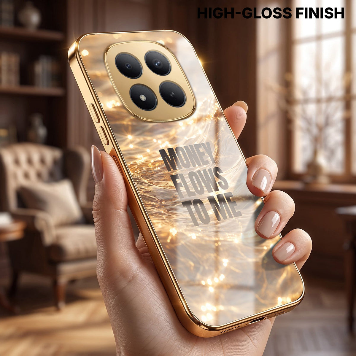 Redmi Note 15 Pro+ 5G Money Flows To Me Gold Electroplated Glass Phone Back Case